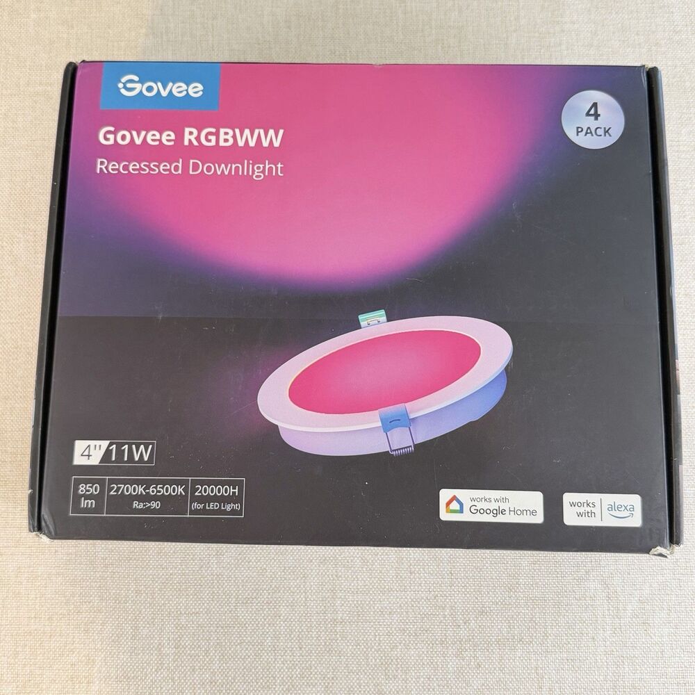 Govee H601B 4” Smart Recessed Downlights RGBWW WiFi Alexa 4-Pack Open Box